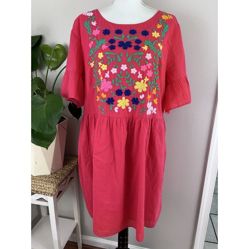 Crown & Ivy Hot Pink Floral Embroidered Boho Cottagecore Babydoll Dress XL